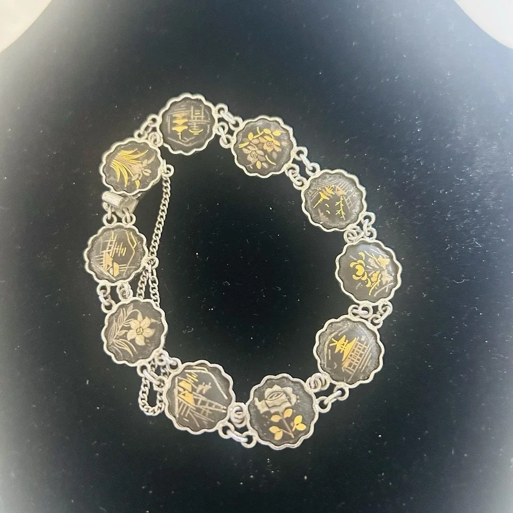Vintage Japanese Damascene KOMAI Bracelet‎ Linked Gold & Silver Inlays 10 Scenes